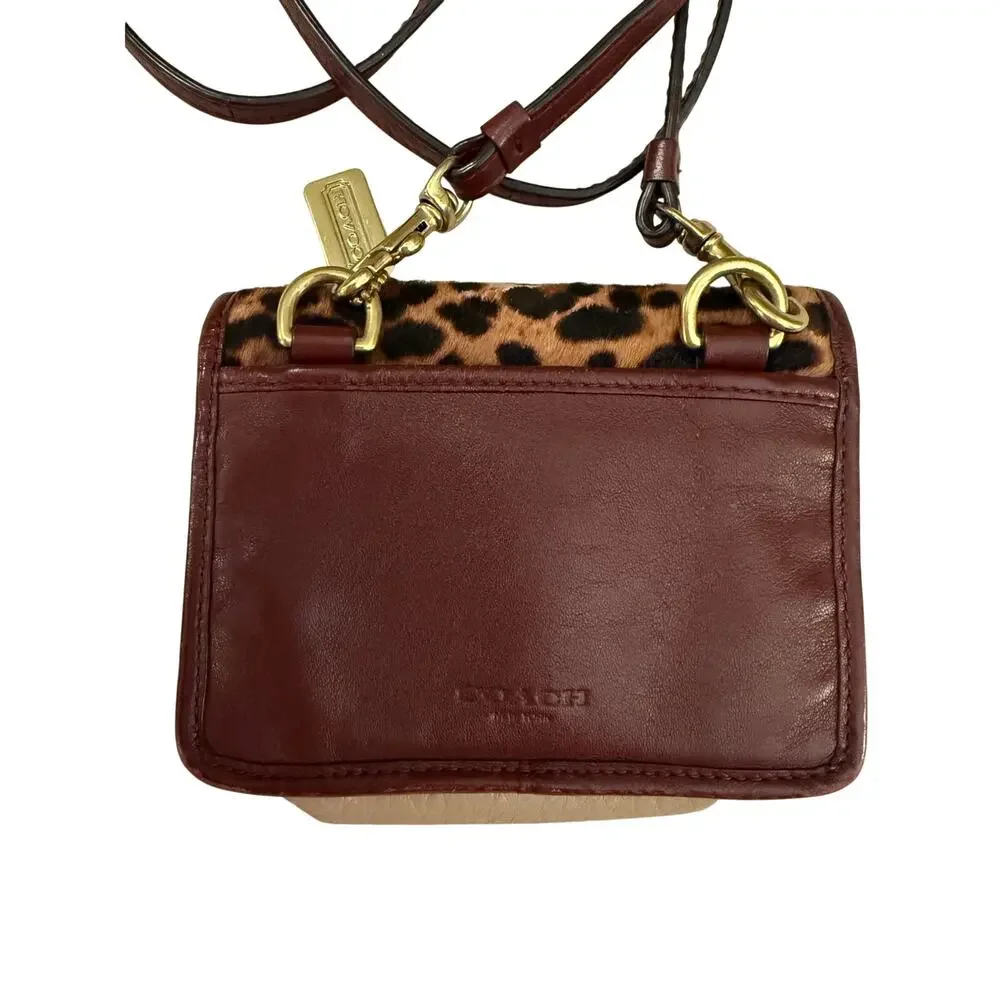 Coach Mini Pony Hair Leopard Print Turnlock Crossbody Burgundy Leather Gold Tag